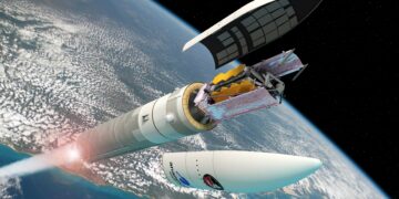 Un render del JWST ripiegato all'interno dell'Ariane V durante la separazione del fairing. Credits: ESA