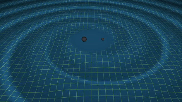 Simulazione dell'origine di un'onda gravitazionale da due buchi neri