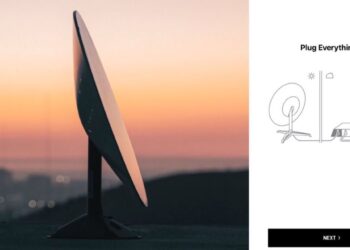L'antenna Starlink sulla sinistra. Sulla destra la schermata di configurazione della applicazione ufficiale.