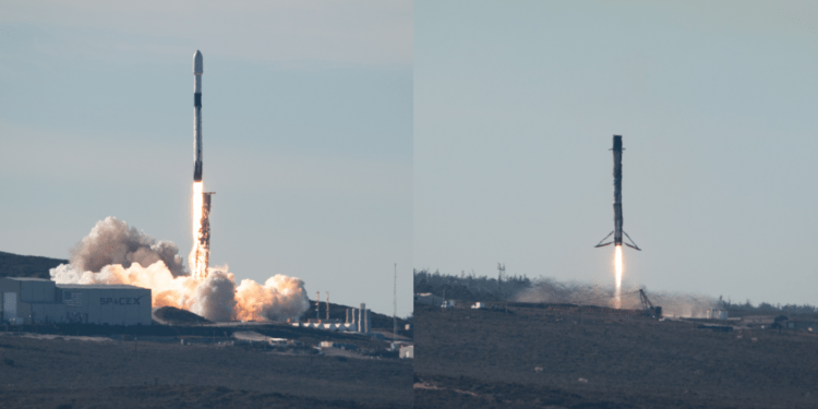 A sinistra la partenza del Falcon 9 con a bordo Sentinel 6A. A destra il rientro del primo stadio. Entrambe le foto di Michael Baylor
