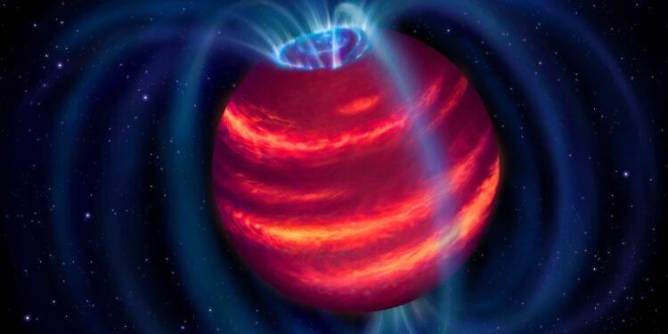Rappresentazione artistica di Elegast. Gli anelli blu rappresentano le linee del campo magnetico. Le particelle si muovono su queste linee emettono onde radio, e quelle che arrivano ai poli creano aurore simili a quelle sulla Terra. Credits: ASTRON / Danielle Futselaar