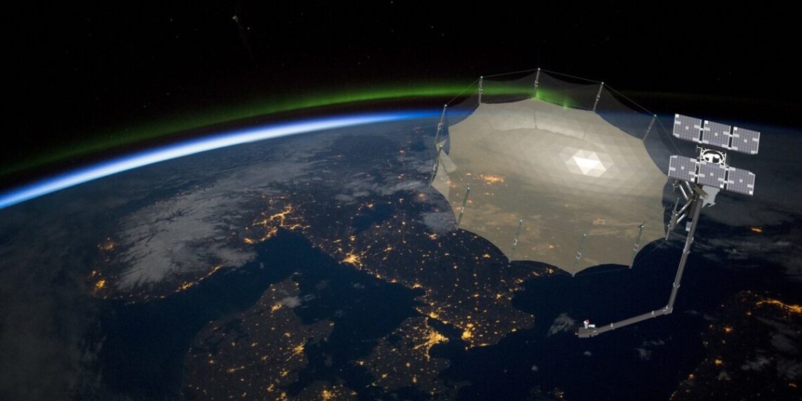 Un satellite della costellazione Whitney di Capella Space. L'antenna ha un diametro di 3.5 metri. Credits: Capella Space.
