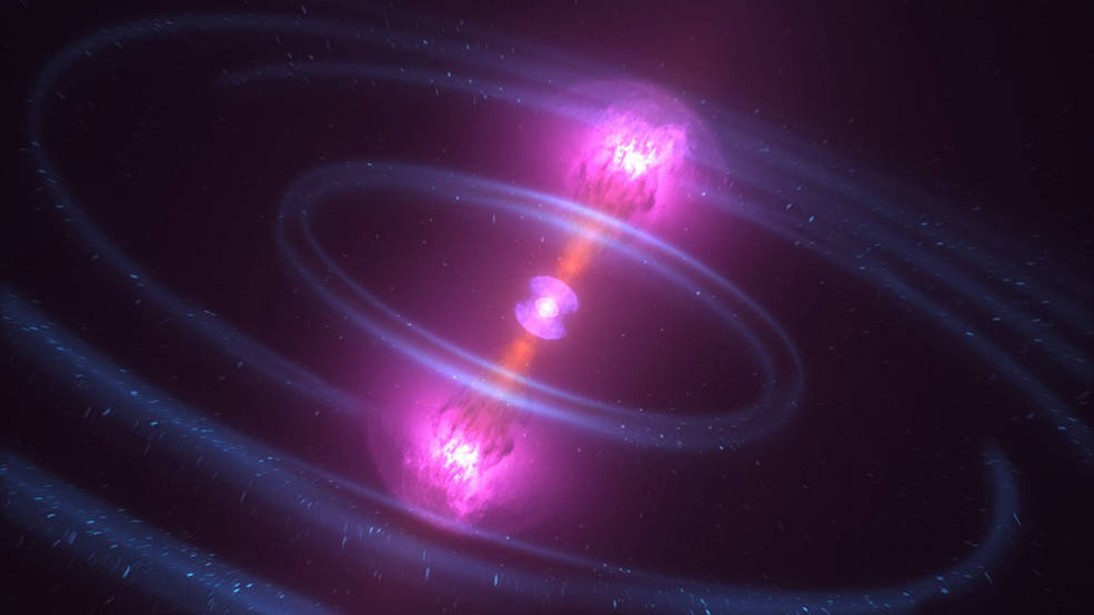 Un'animazione della fusione di due stelle di neutroni e della conseguente produzione di raggi gamma. Credits: NASA's Goddard Space Flight Center/CI Lab