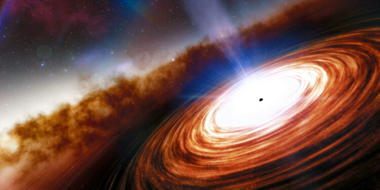 Un render del quasar J0313-1806, mostra il buco nero supermassiccio al centro. Credit:
