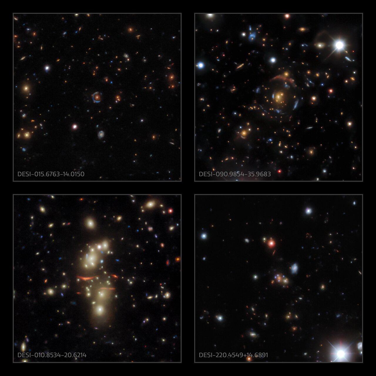 Un esempio di lenti gravitazionali trovate analizzando i dati del DESI. Credits: KPNO/CTIO/NOIRLab/NSF/AURA/Legacy Imaging Survey 