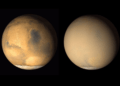 Due fotografia di Marte scattate nel 2001 dalla Mars Orbiter Camera, situata sull’orbiter Mars Global Surveyor della Nasa. A destra, una tempesta (macchia ovale luminosa) colpisce il pianeta a livello locale (giugno 2001). A sinistra, la tempesta è diventata globale e ha avvolto completamente il pianeta (luglio 2001). Credits: NASA/JPL-Caltech/MSSS