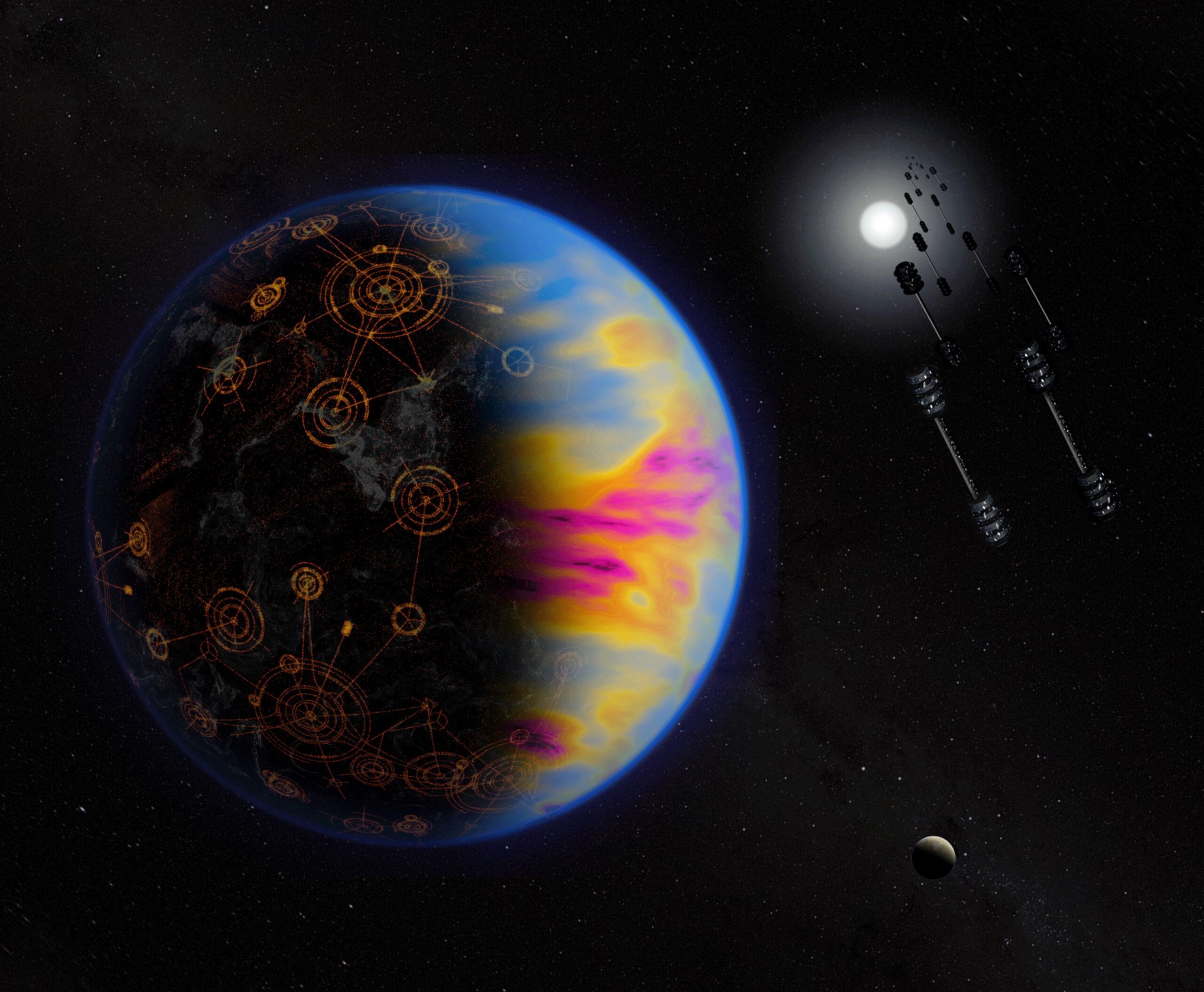 Illustrazione di un pianeta abitato da una civiltà e vita sviluppata. I colori dell’atmosfera, appositamente esagerati, indicano l’inquinamento provocato dai processi industriali. Credits: NASA/Jay Freidlander 