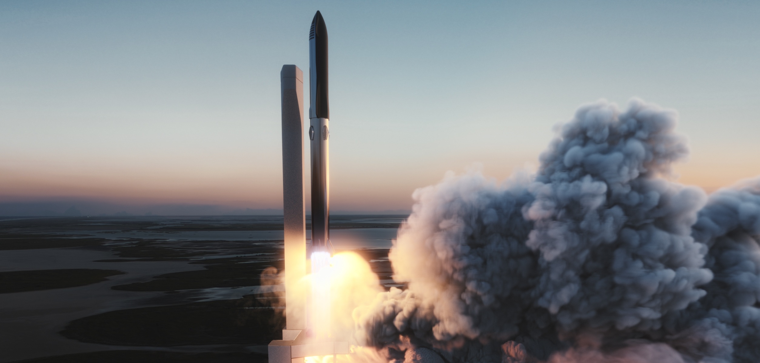 Un render della partenza di Starship nella sua versione Super Heavy + Starship. Credits: SpaceX