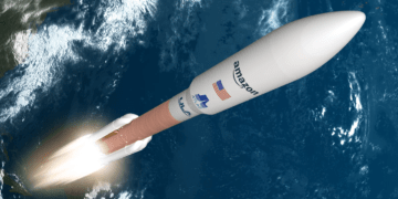 Un render di un Atlas V con il logo di Amazon. Credits: Amazon, ULA