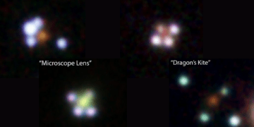 Quattro delle immagini quadruplicate di quasar protagoniste del nuovo studio. Il punto sfocato al centro delle immagini è la galassia lente, la cui gravità divide la luce dal quasar dietro di essa in modo tale da produrre quattro immagini diverse. Credits: The GraL Collaboration