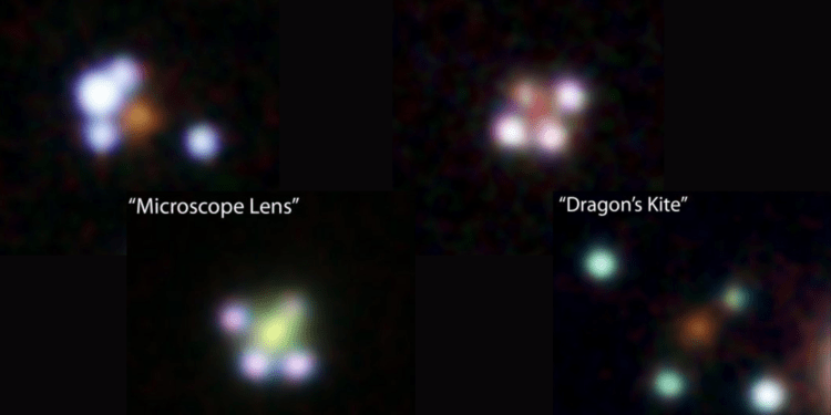 Quattro delle immagini quadruplicate di quasar protagoniste del nuovo studio. Il punto sfocato al centro delle immagini è la galassia lente, la cui gravità divide la luce dal quasar dietro di essa in modo tale da produrre quattro immagini diverse. Credits: The GraL Collaboration