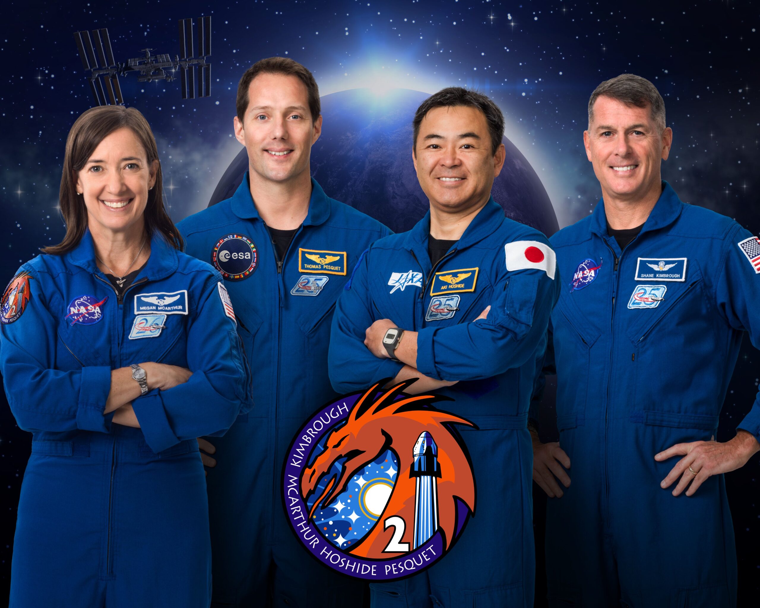 L'equipaggio della missione Crew-2. Da sinistra: Megan McArthur Thomas Pesquet Akihiko Hoshide Robert Kimbrough. Credits: NASA.