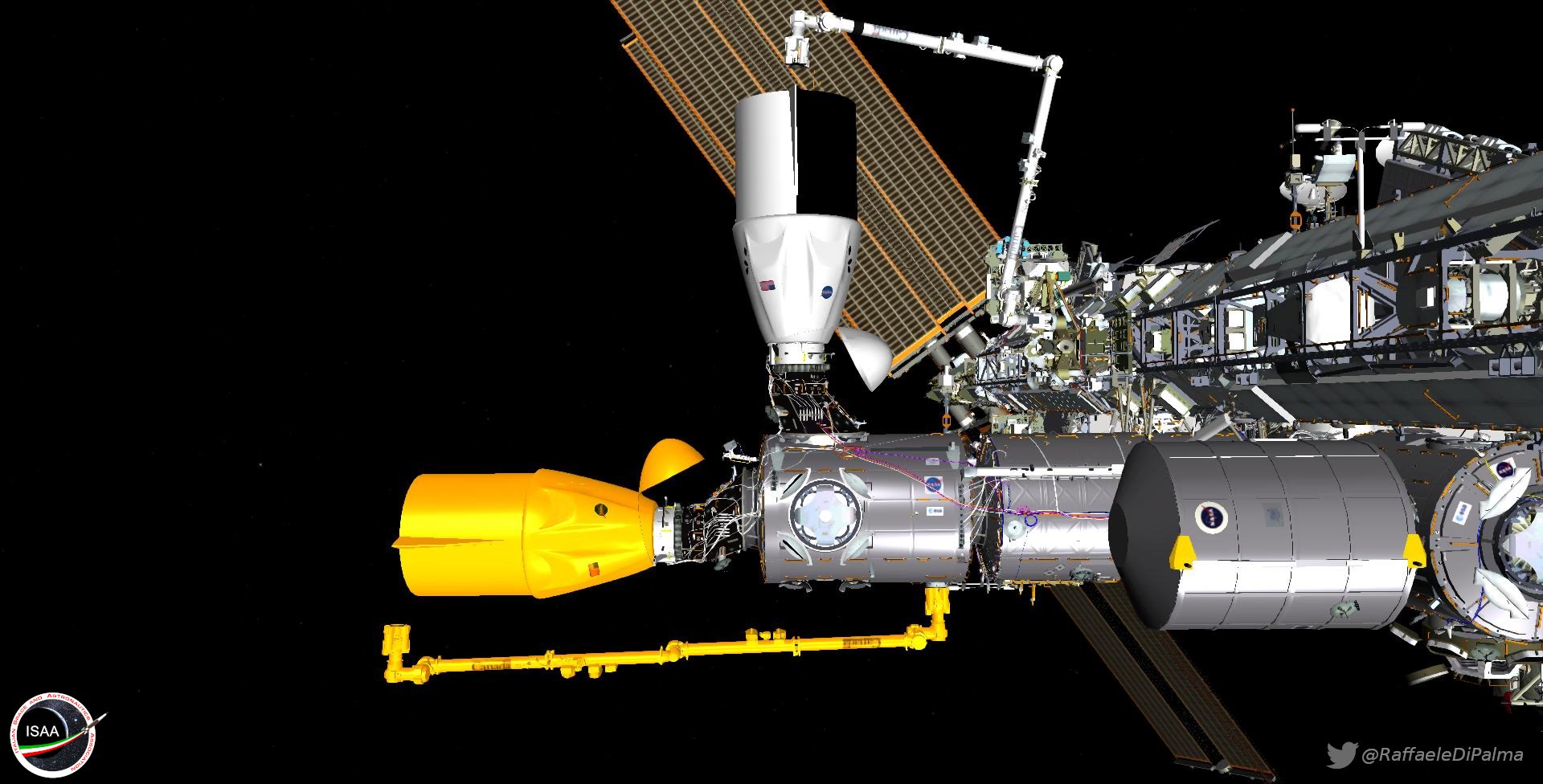Immagine di Raffaele Di Palma che mostra la differente portata del Canadarm e l'impossibilità di raggiungere la stiva di una Dragon attraccata al PMA-2. Credits: NASA/ Raffaele Di Palma.