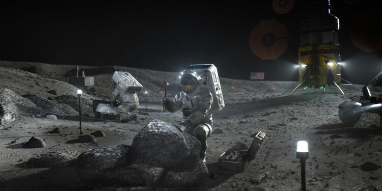 Un render di un astronauta al lavoro sulla Luna. Credits: Thales Alenia Space/NASA