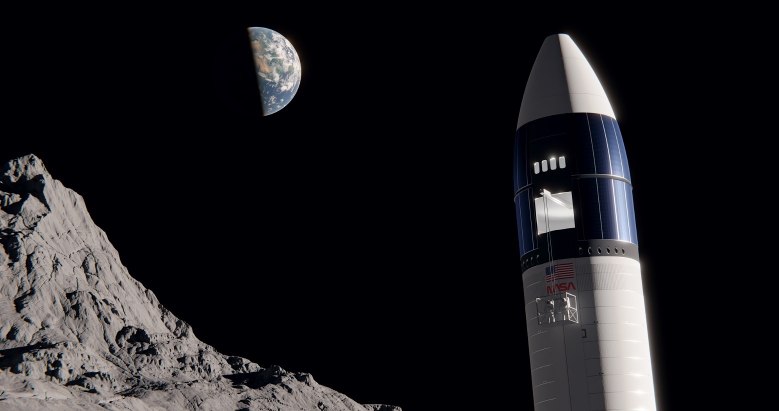Un render della Starship in versione lunare. Credits: SpaceX/Mark Crawford