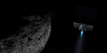 Un render della sonda OSIRIS-REx sovrapposto ad una foto di Bennu scattata dalla stessa sonda. Credits: NASA