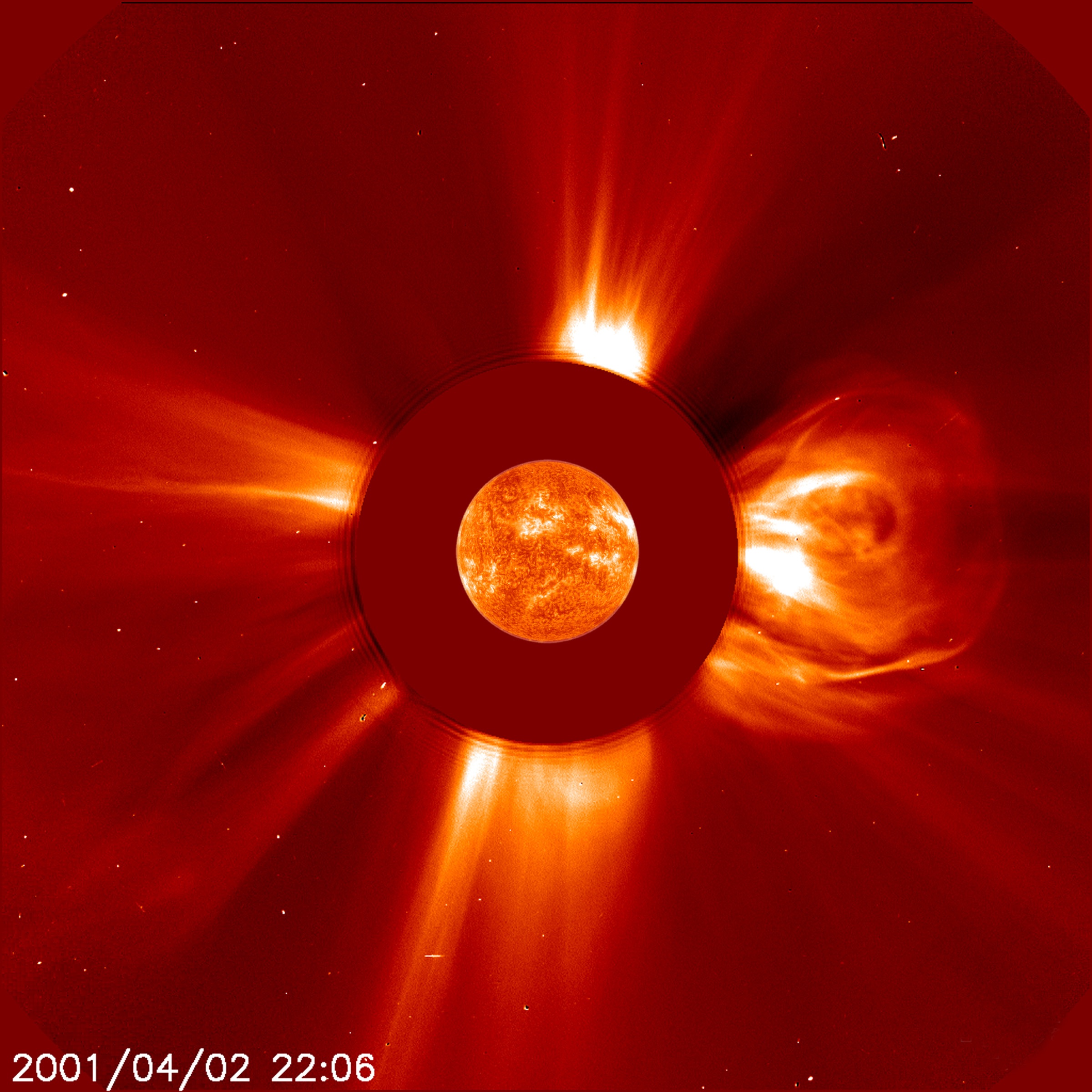 Il brillamento solare del 2 aprile del 2021 registrato dal telescopio spaziale Solar and Heliospheric Observatory (SOHO). Credits: NASA.