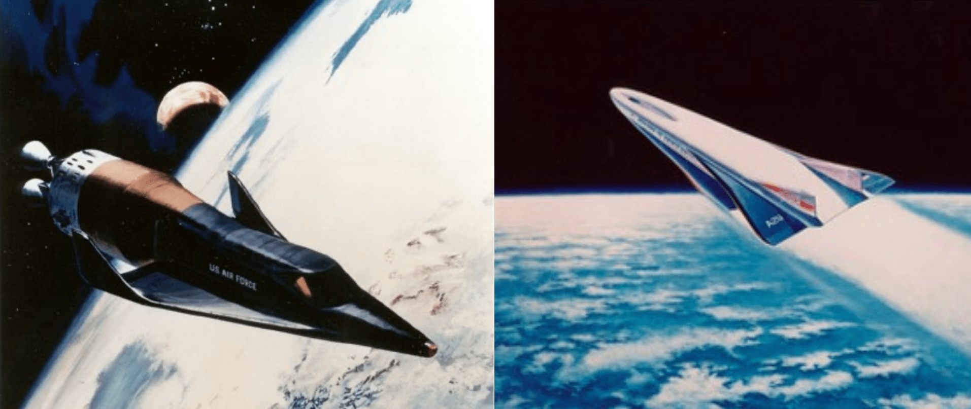 A sinistra una illustrazione artistica dell’X-20 Dyna-Soar in orbita. A destra una Illustrazione artistica del Rockwell X-30 NASP. Credits: U.S. Air Force / NASA