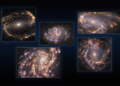 Immagine che combina le osservazioni delle vicine galassie NGC 1300, NGC 1087, NGC 3627 (in alto, da sinistra a destra), NGC 4254 e NGC 4303 (in basso, da sinistra a destra) scattate con MUSE sul telescopio VLT dell'ESO nell'ambito del PHANGS, che sta effettuando osservazioni ad alta risoluzione di galassie vicine tramite la spettroscopia. Credits: ALMA (ESO/NAOJ/NRAO); NRAO/AUI/NSF, B. Saxton