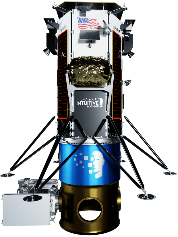 Un render del lander Nova-C della missione IM-3. In basso, i dispenser e sulla destra il posto dove alloggiare l'eventuale carico aggiuntivo del lancio. Credits: Intuitive Machines.
