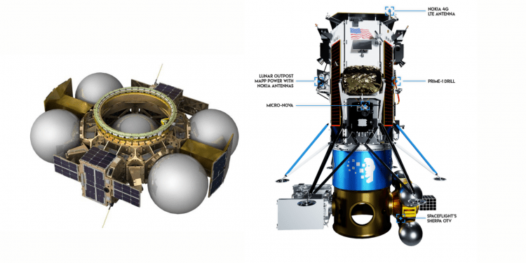 Un render del Sherpa-ES e del payload completo della missione IM-2 e GEO Pathfinder. Credits: Spaceflight.