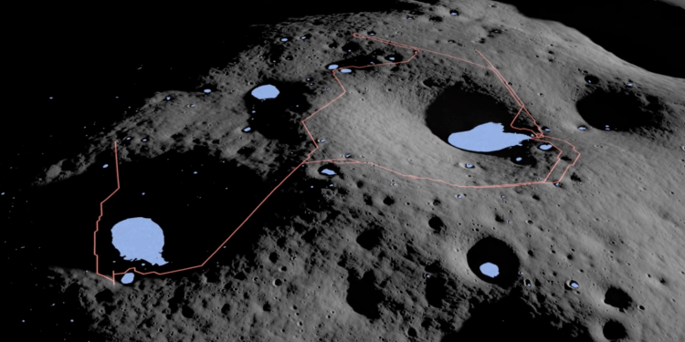 Sulla sinistra il cratere Nobile. In rosso il percorso previsto per il rover VIPER, in azzurro le zone dove si stima sia presente più ghiaccio. Credits: NASA