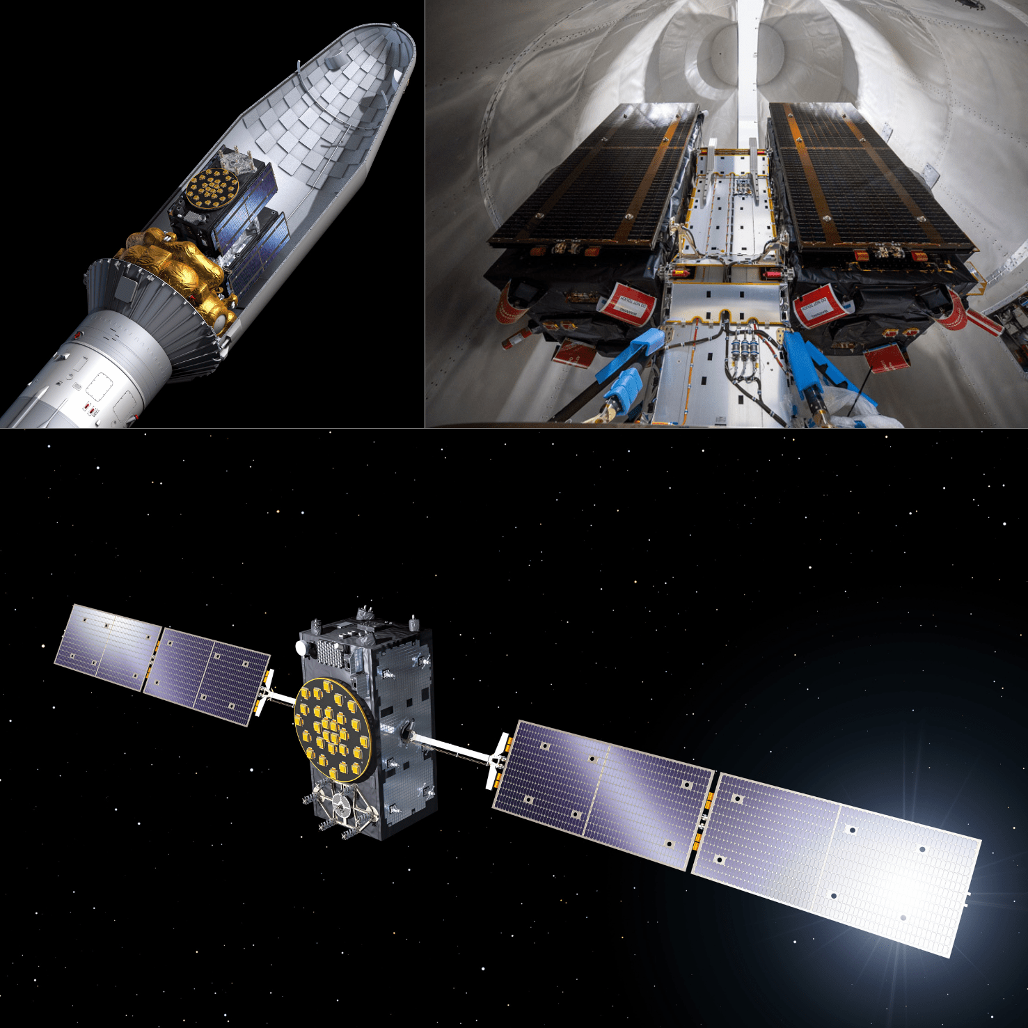 In alto a sinistra un render dei satelliti Galileo all'interno del Fairing di Soyuz. A destra una foto reale. In basso un render del Galileo FOC. Credits: ESA/Arianespace. 