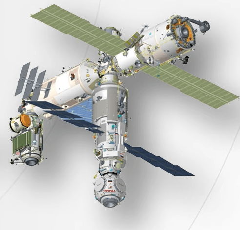 Un render di come appare il segmento russo della ISS con l'arrivo del piccolo modulo Prichal (in basso). Credits: Roscosmos. 