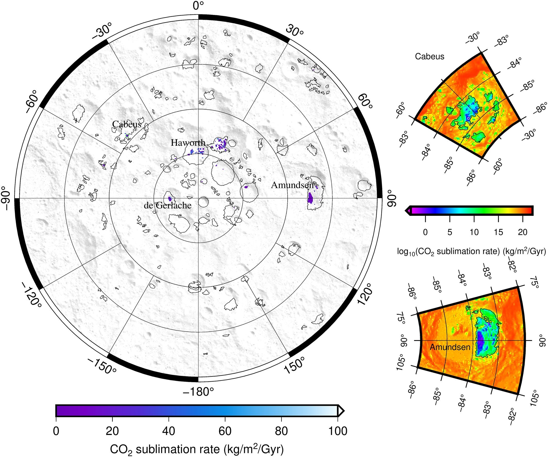 In viola le trappole fredde di anidride carbonica. Le zone col contorno nero sono invece le trappole fredde di acqua. Credit: AGU/Geophysical Research Letters