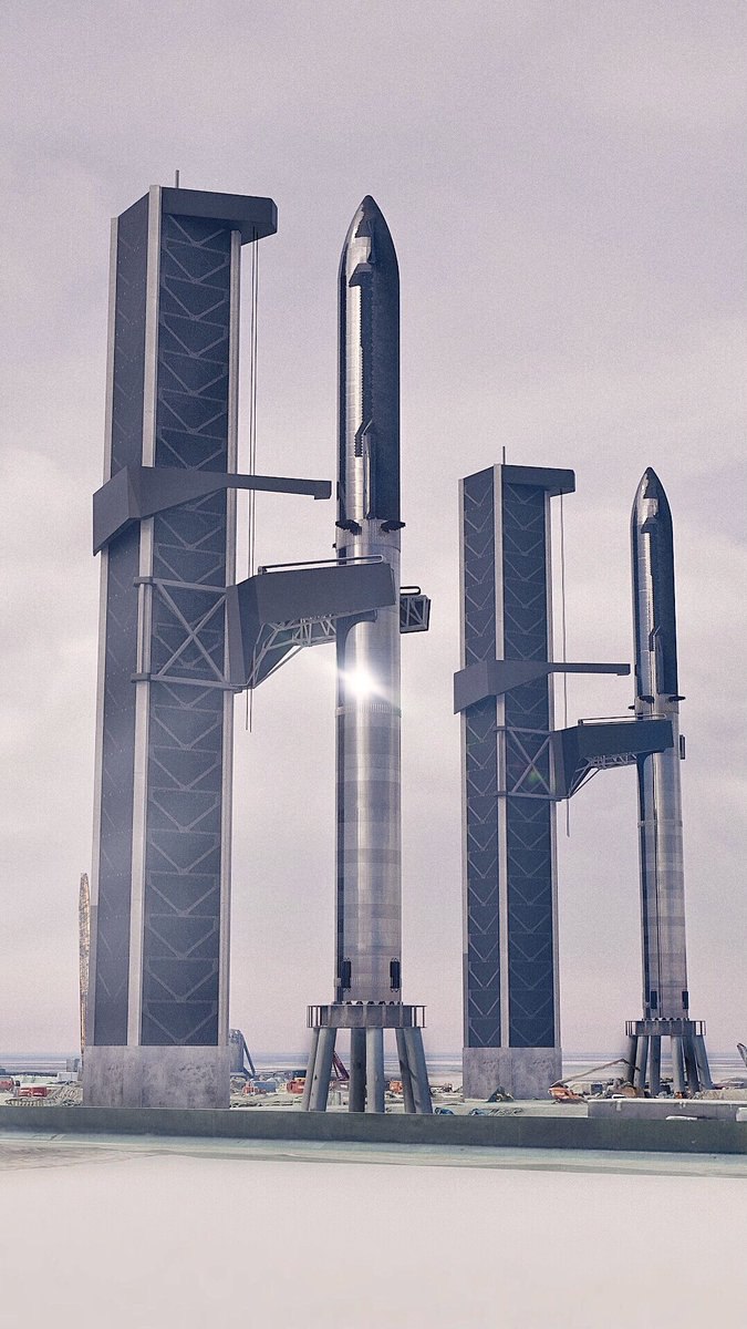 Un render delle due torri di lancio orbitale di Starbase. 