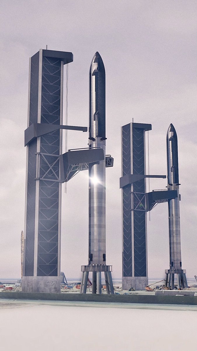 Un render delle due torri di lancio orbitale di Starbase.