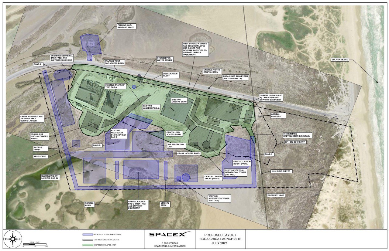 Proiezione dell'espansione del sito di lancio di Starbase. <a href="https://www.faa.gov/space/stakeholder_engagement/spacex_starship/media/Draft_PEA_for_SpaceX_Starship_Super_Heavy_at_Boca_Chica.pdf" target="_blank" rel="noopener">Credits</a>.