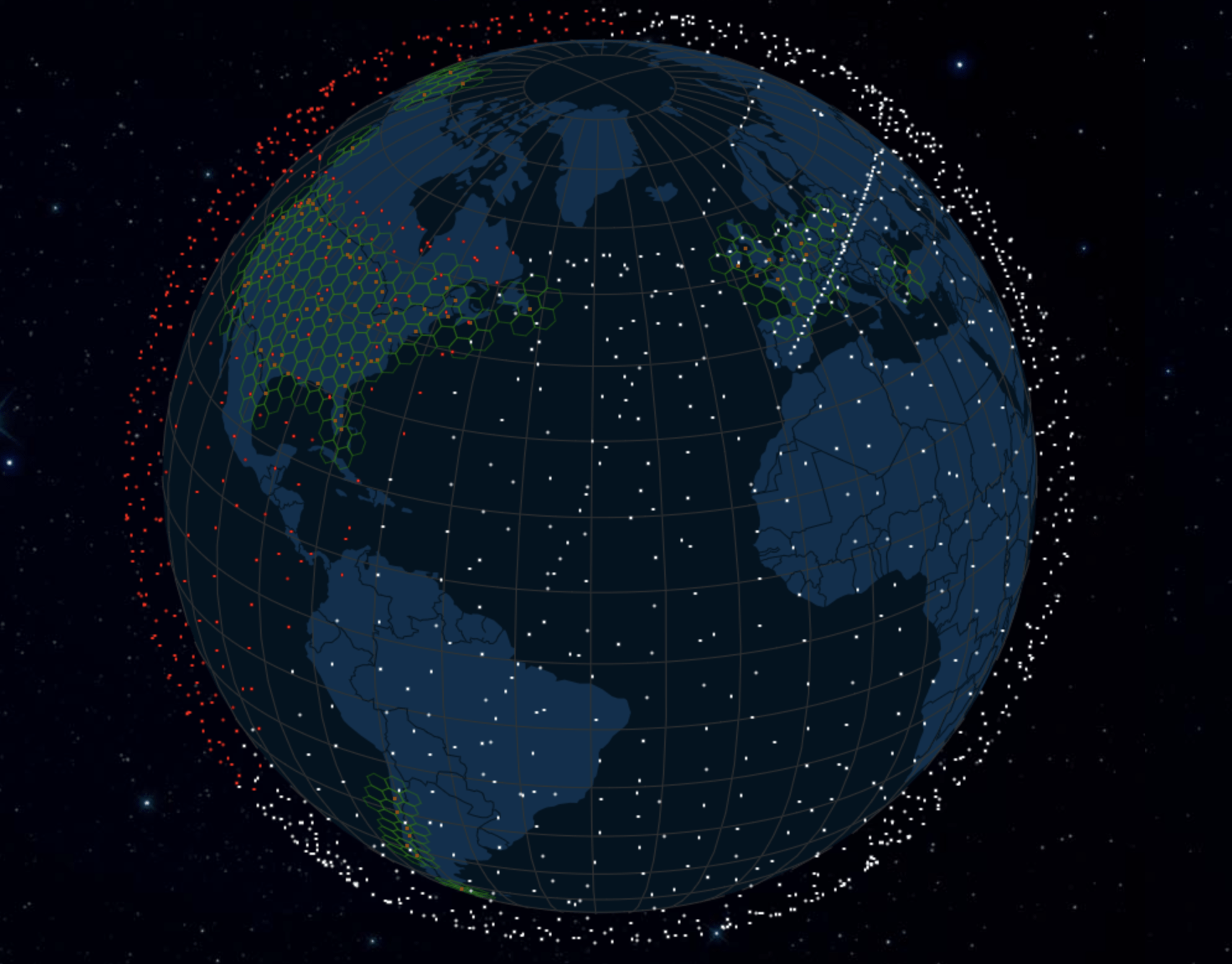 Situazione a fine dicembre 2021 della costellazione Starlink. Gli esagoni in verde sono le zone di attivazione totale del servizio. Credits: Satellitemap
