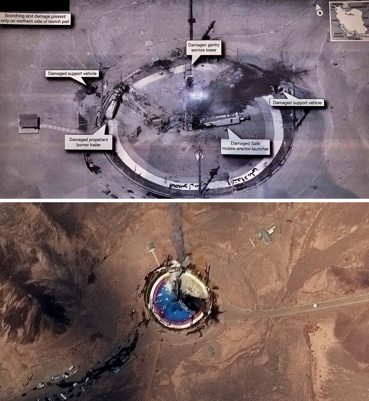 Confronto di una osservazione di un sito di lancio missilistico iraniano. La foto inferiore è stata ottenuta con un satellite di Maxar, quella superiore è stata pubblicata da Trump nel 2019. Credits: NPR