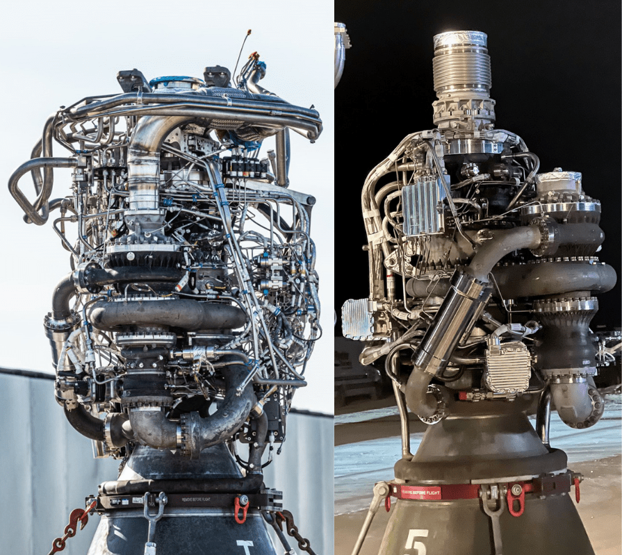 Uno zoom dei due motori Raptor. A sinistra una vecchia versione V1 del 2021. A destra il primo V2 alla conferenza a Starbase.