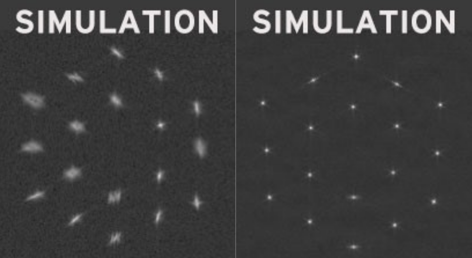 A sinistra una simulazione delle foto che si otterranno prima della fase due. A destra una simulazione delle foto che si otterranno dopo l'allineamento dei segmenti. Credits: NASA. 