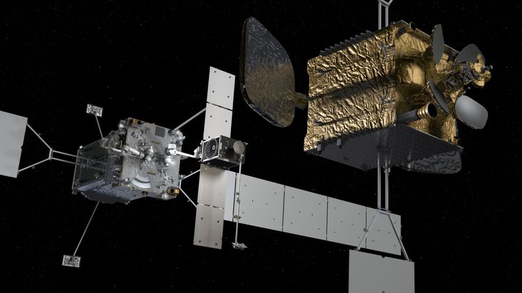 Un render dell'avvicinamento ad un satellite cliente (a destra in color oro) del MRV con un MEP agganciato al braccio robotico. Credits: SpaceLogistics. 