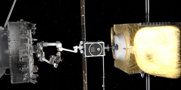 Un render dell'avvicinamento ad un satellite cliente (a destra in color oro) del MRV con un MEP agganciato al braccio robotico. Credits: SpaceLogistics.