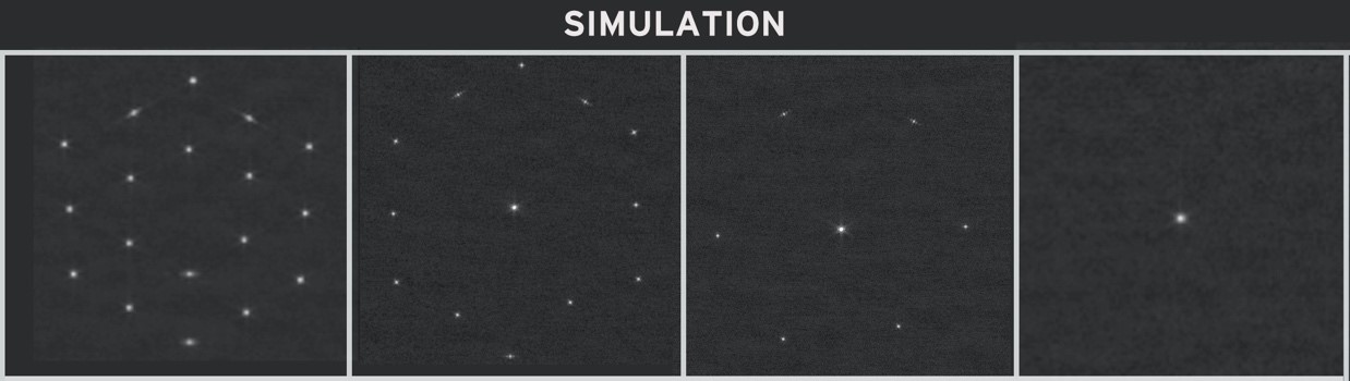 Simulazione della fase di Image Stacking. Nella prima immagine a sinistra prima dell'inizio del processo. Nella seconda dopo il primo staking, nella terza dopo il secondo staking e nell'ultima una volta finita la fase tre. Credits: NASA 