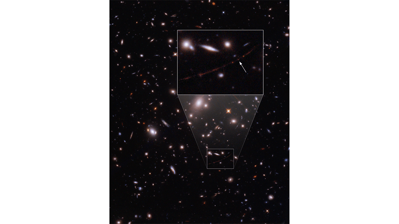 La stella Earendel indicata dalla freccia bianca. Credits: SCIENCE: NASA, ESA, Brian Welch (JHU), Dan Coe (STScI) IMAGE PROCESSING: NASA, ESA, Alyssa Pagan (STScI) 