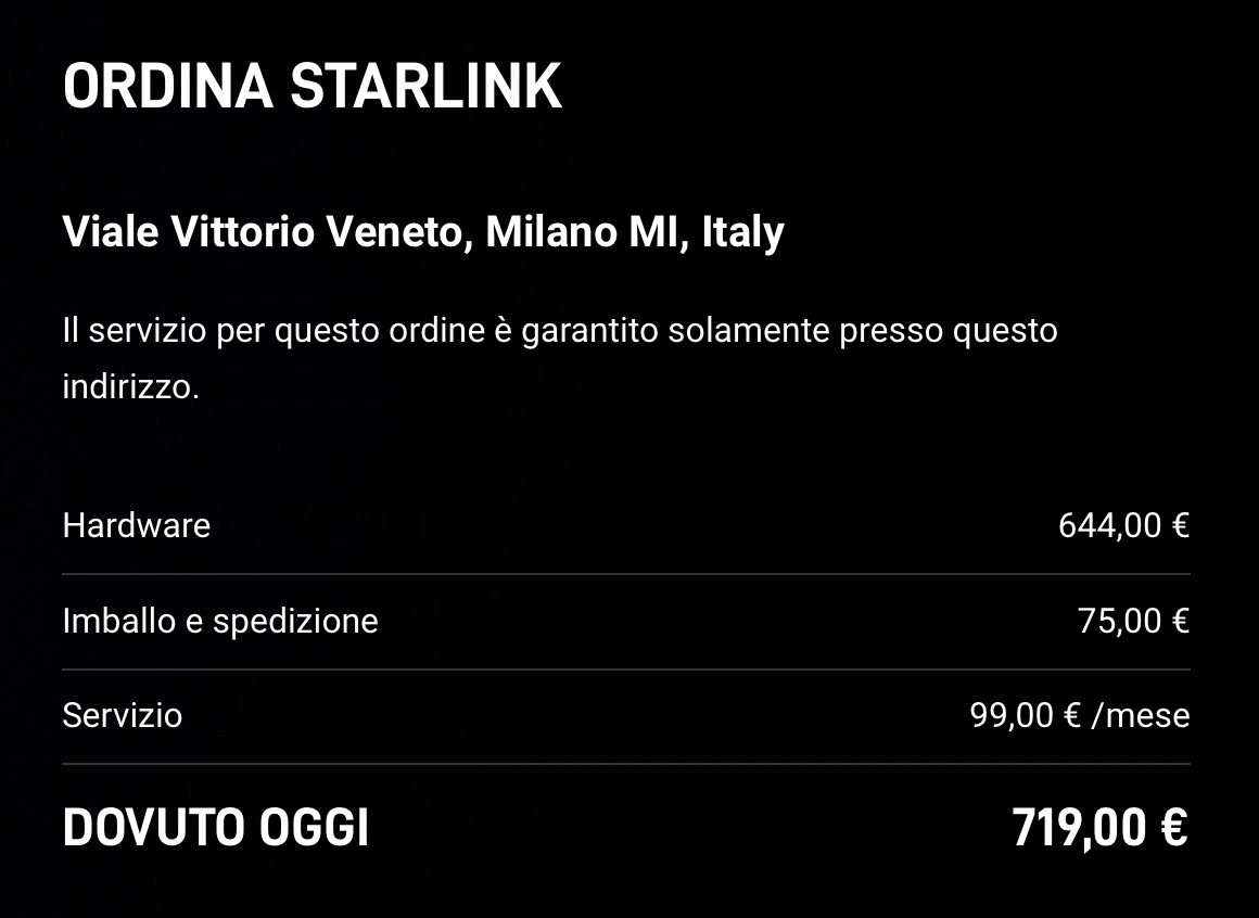 Un ordine Starlink ipotetico fatto dall'Italia il 23 marzo 2021. L'indirizzo è indicativo.