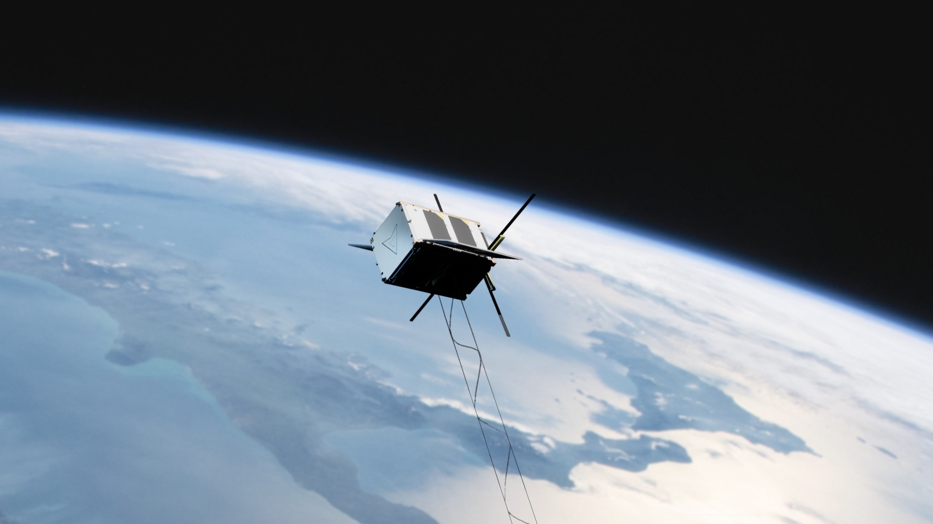 Un render del satellite AuroraSat-1 con in basso il sistema di cavi frenante che sarà lanciato a bordo dell'Electron. Credits: Aurora