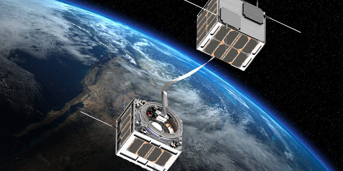 Un render di un esperimento di due satelliti che sfruttano un sistema thetered per deorbitare. Credits: Universidad Carlos III de Madrid
