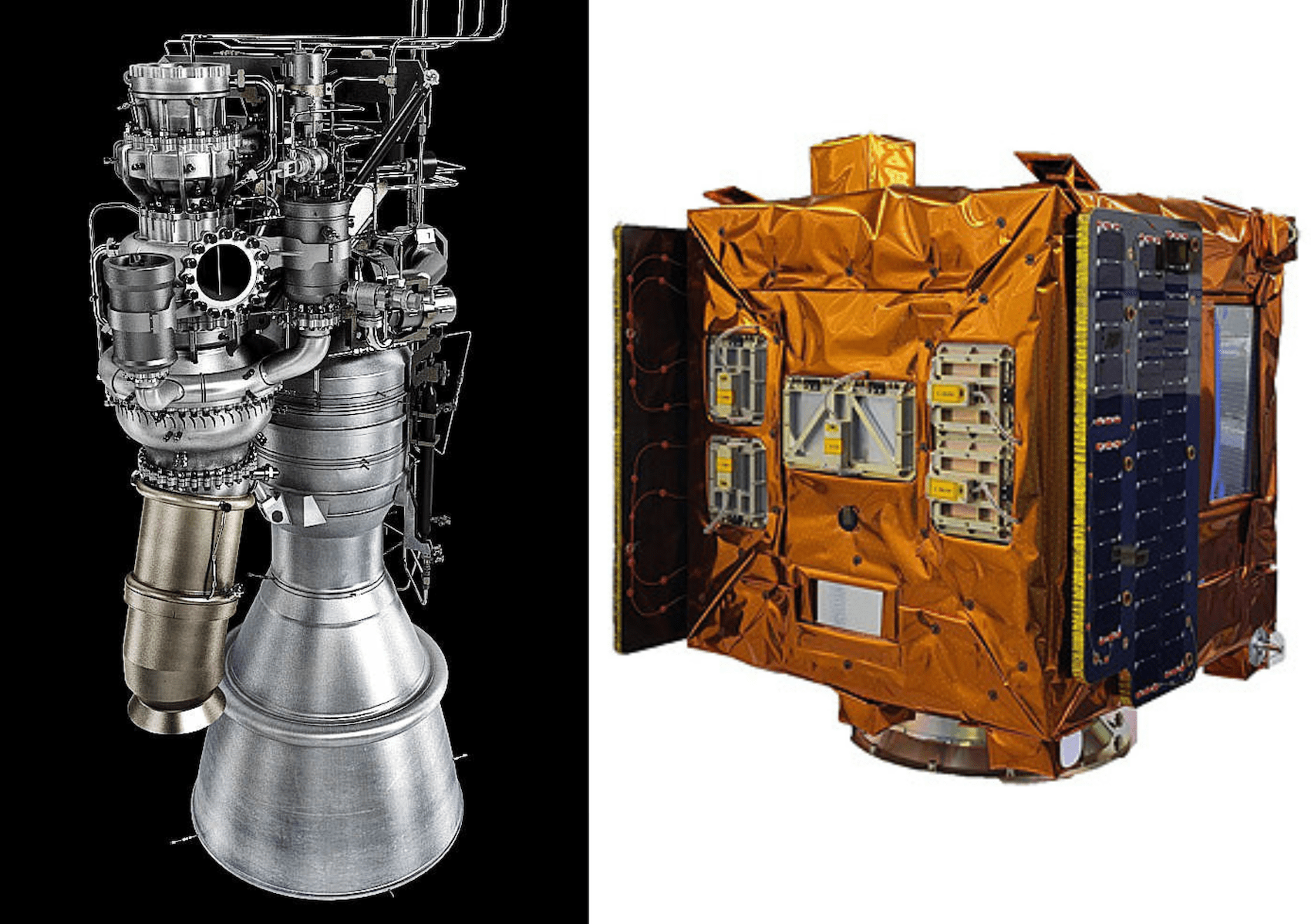 A sinistra un render di uno dei 4 motori KRE-075 del primo stadio di Nuri. A destra il satellite PVSAT. 