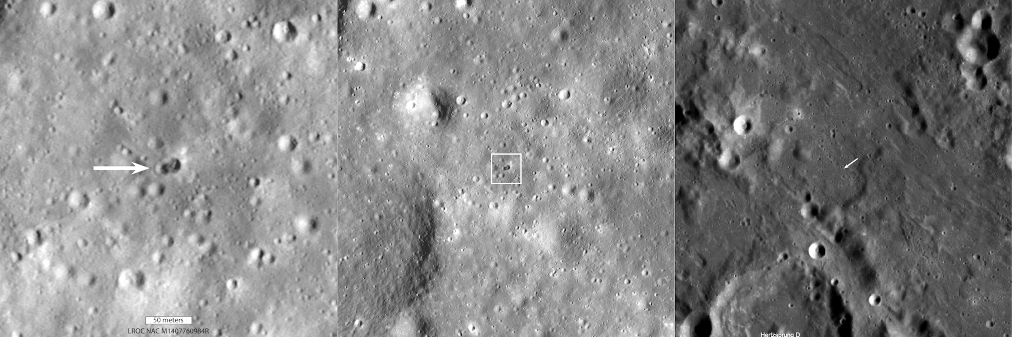 La foto dei due crateri scattata dal LRO della NASA. A sinistra uno zoom, la foto ha una larghezza di circa 370 metri. La foto al centro è invece un ingrandimento con una larghezza di 1,1 km. Quella a destra è la foto originale del LRO, con una larghezza di 110 km. Credits: NASA/Goddard/Arizona State University