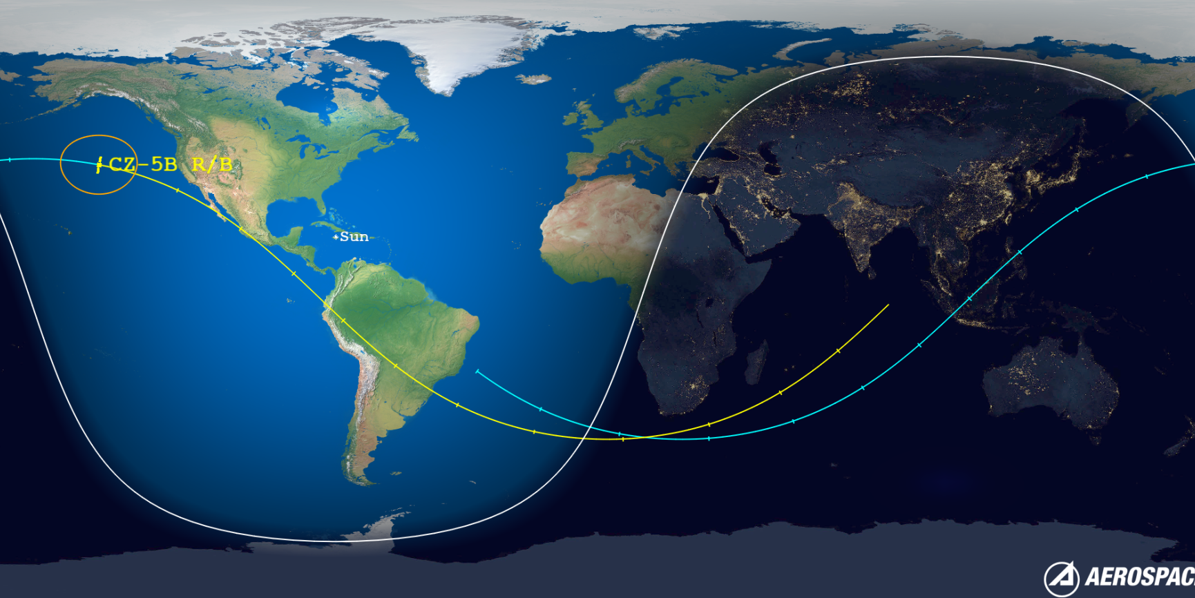 Linea gialla: Orbita del LM5B nella prima metà della finestra di rientro.
