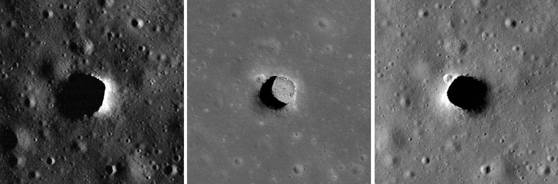 La fossa di Marius Hills, fotografata tre volte, in tre momenti diversi, dalla sonda LRO. Si nota come una parte del fondo della fossa sia sempre in ombra. Credits: NASA/GSFC/Arizona State University