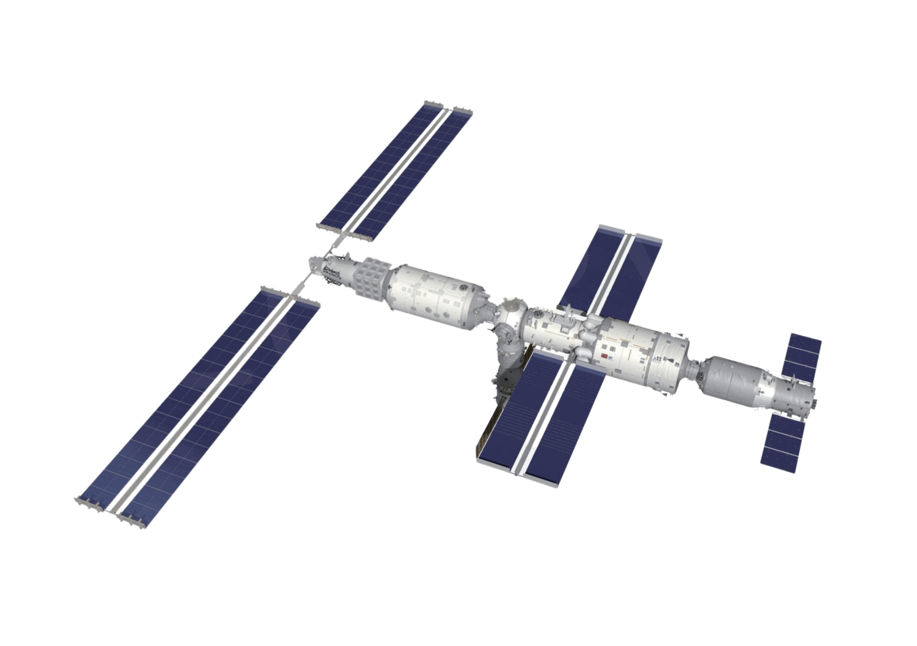 Rappresentazione grafica della Tiangong con il modulo Wentian attraccato (sinistra). Questa disposizione è temporanea fino all'arrivo dell'ultimo modulo. Credit: Seger Yu