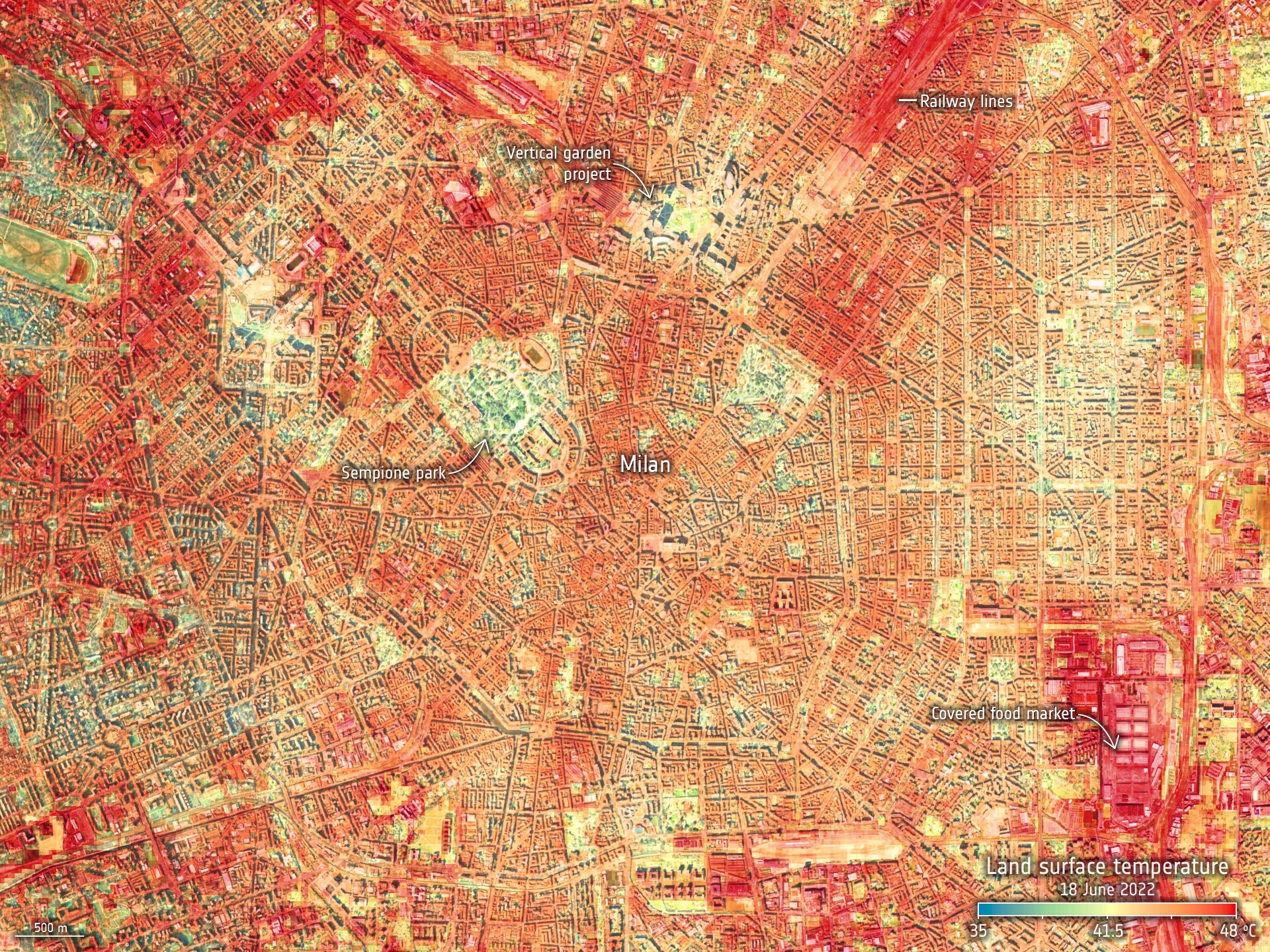 Analisi delle temperature superficiali di Milano il 18 luglio 2022. Credits: NASA/JPL-Caltech