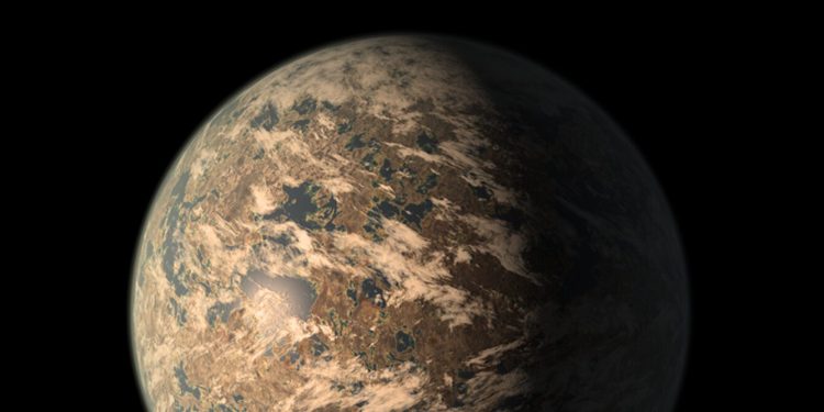 TRAPPIST-1e è un esopianeta roccioso nella zona abitabile di una stella a 40 anni luce dalla Terra e potrebbe avere acqua e nuvole, come raffigurato nell'impressione di questo artista. Credito: NASA/JPL-Caltech/Wikimedia Commons
